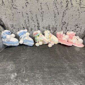Handmade Knitted Baby Booties 3 Pairs Pink Blue Rainbow Pompom Tie Stretch Vntg